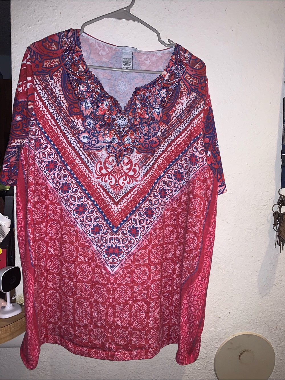 Catherines Red & Navy Printed V-Neck Blouse with Embroidered Neckline